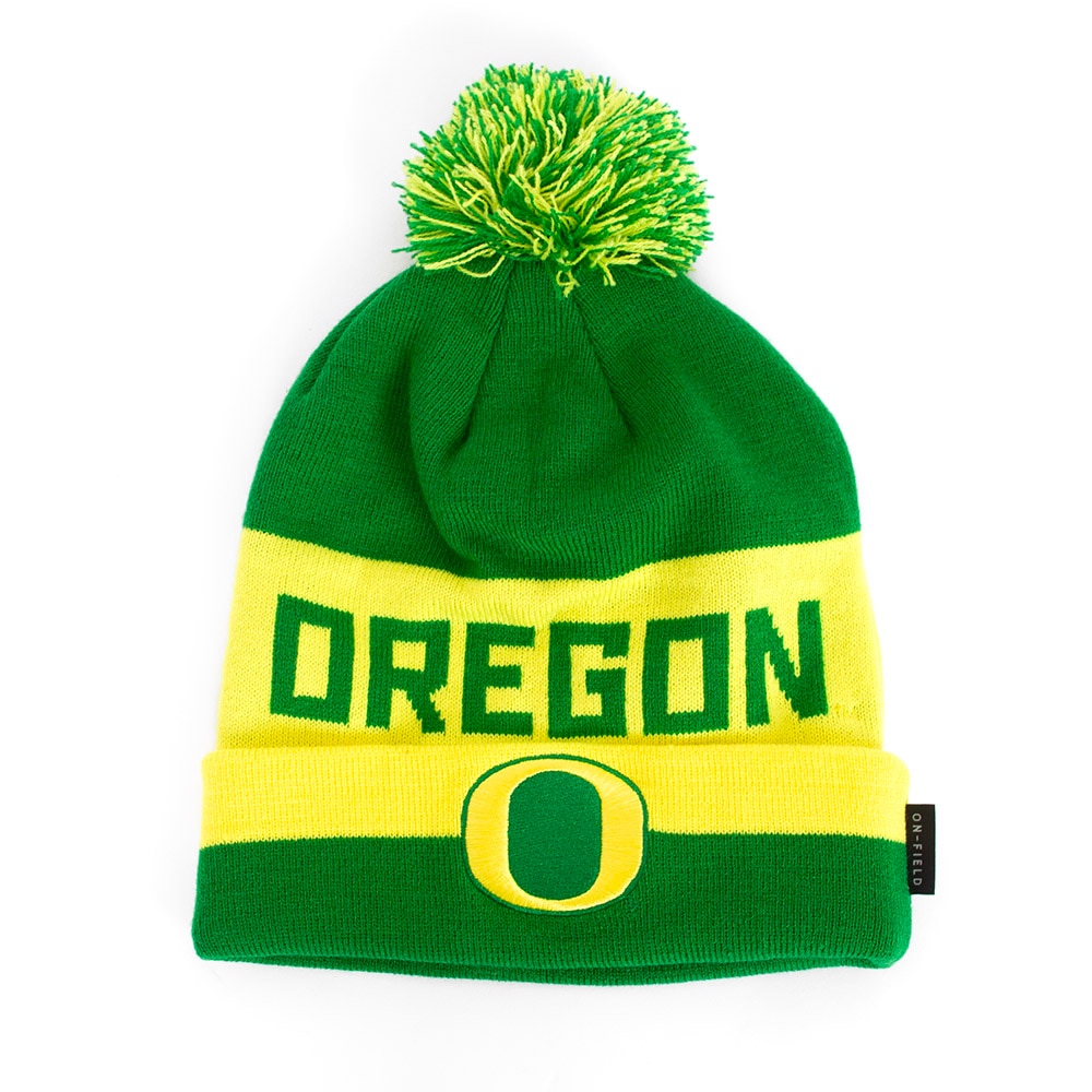 Classic Oregon O, Nike, Green, Beanie, Acrylic, Accessories, Unisex, Football, Peak, Cuffed, Pom, Sideline, Hat, 915775